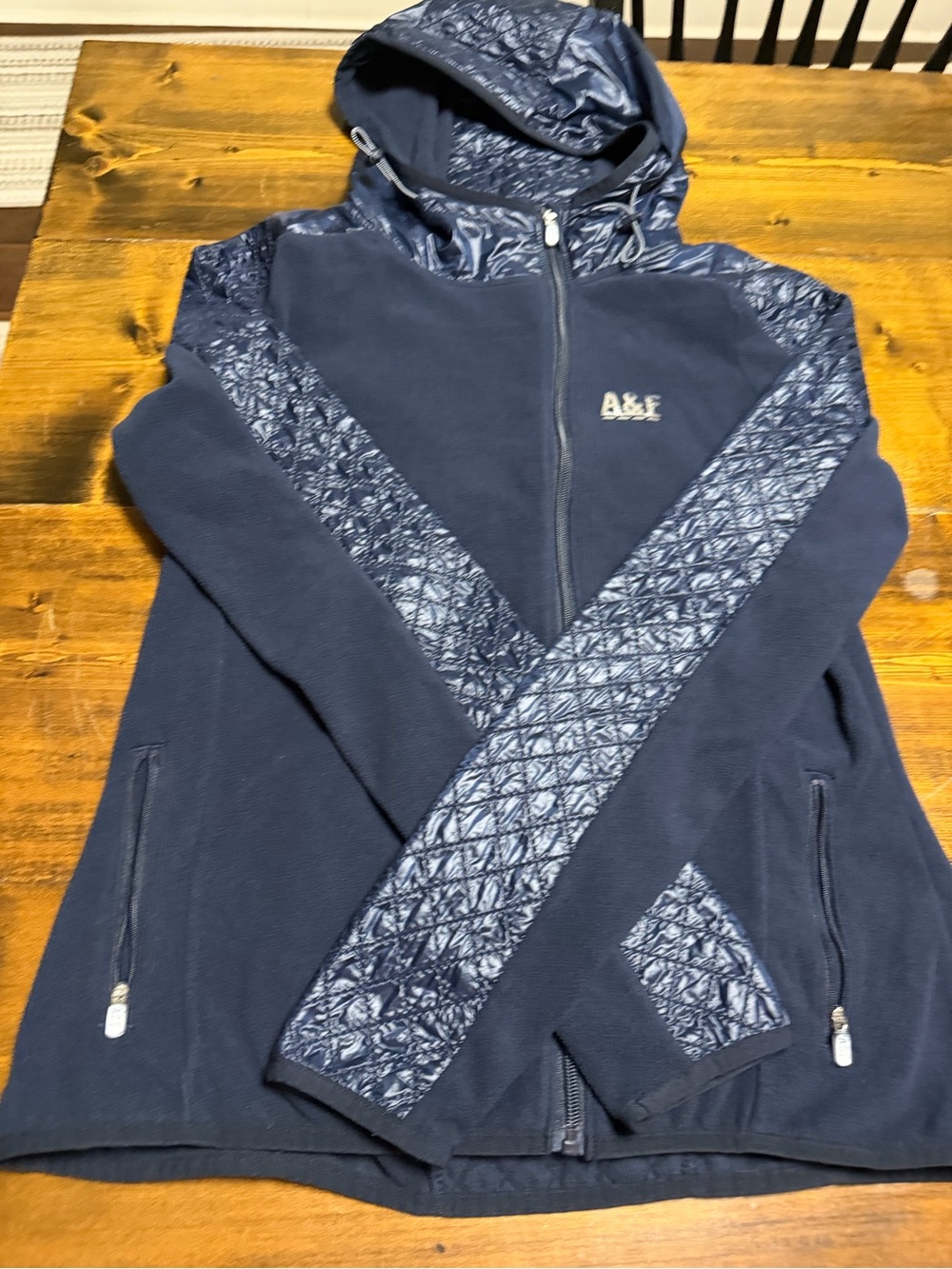 Abercrombie & Fitch Hybrid Mixed Media Quilted Fleece Jacket Hooded Navy Womens